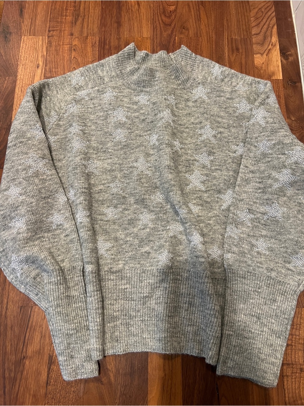 Ann Taylor Heather Gray Mock Neck Silver Metallic Stars Sweater NWT L